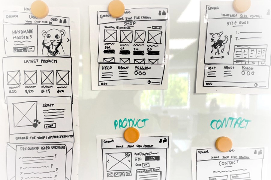 Hand-drawn wireframes for a new e-commerce website hung on a whiteboard