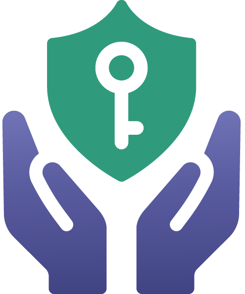 Key on shield being held in hands logo